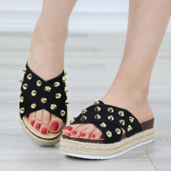 Black Platform Espadrille Sandals Crossover Gold Metal Stud Slip On Sliders - Picture 5 of 15